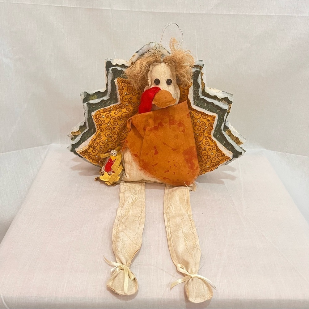 Turkey Shelf Sitter Wall Hang Plush Dolls Fabric THANKSGIVING Decor Pilgrim VTG